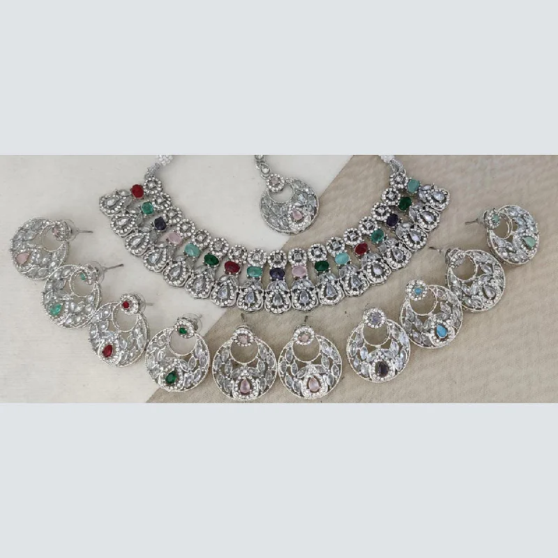 Pearl Necklace for Brides-Rani Sati Jewels Silver Plated Crystal Stone And Beads Necklace Set