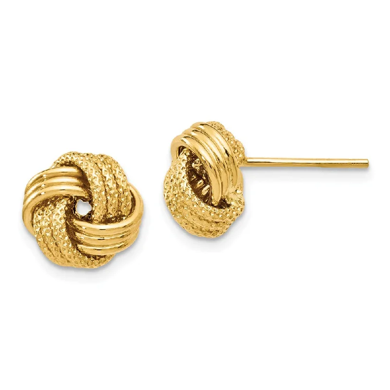 Cute Hoop Earrings-9.5mm (3/8 Inch) 14k Yellow Gold Polished Textured Love Knot Earrings