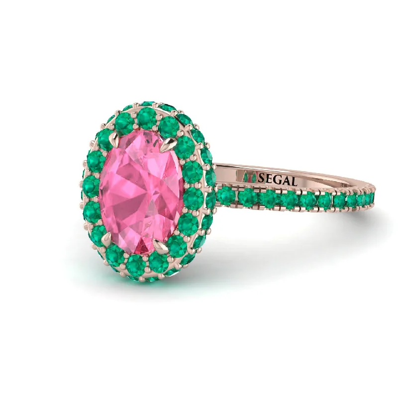 Statement Gemstone Rings-Oval Pink Moissanite Halo Hidden Emeralds Ring - Amy No. 805