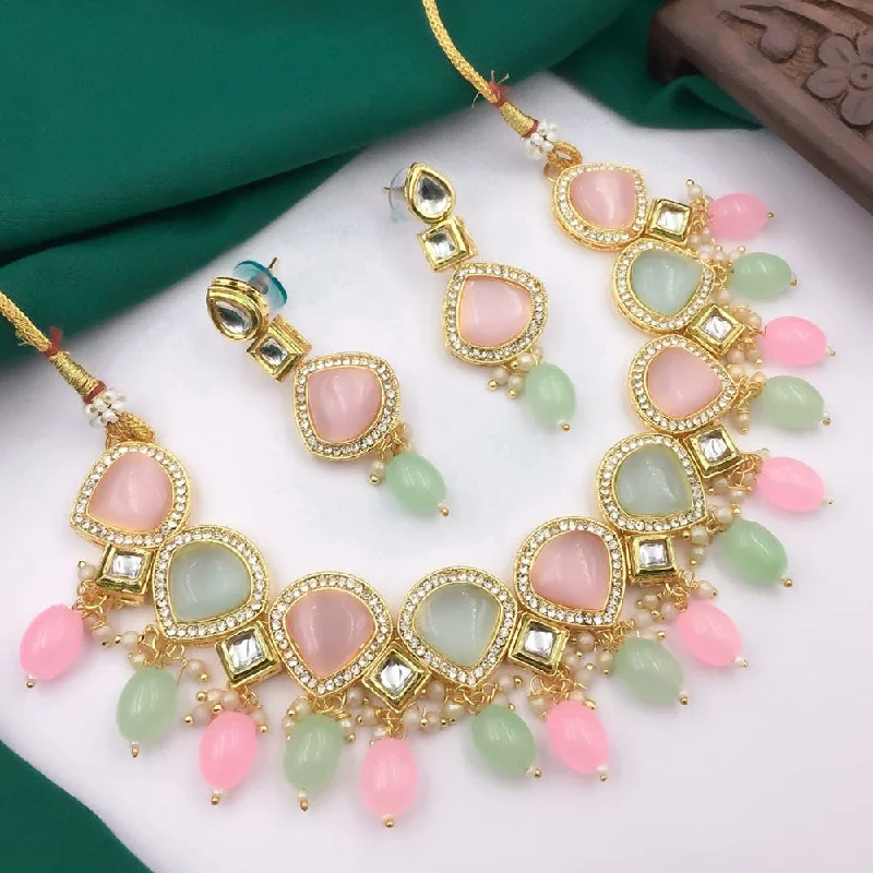 Wedding Gold Necklaces-5G Jewellery Gold Plated Crystal Stone And Beads Necklace Set