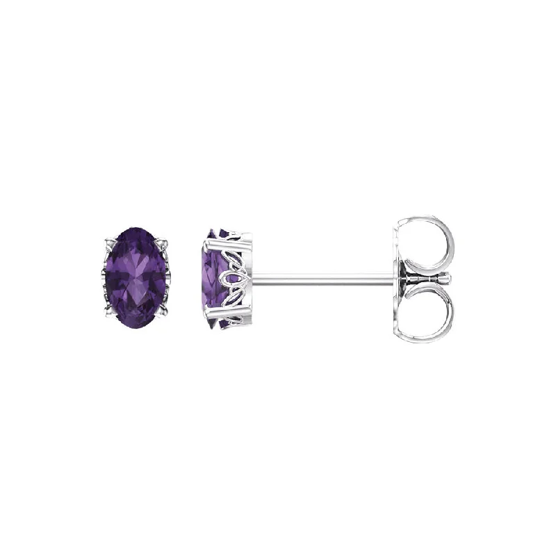 Unique Gemstone Earrings-Faceted Oval Amethyst Stud Earrings in 14k White Gold