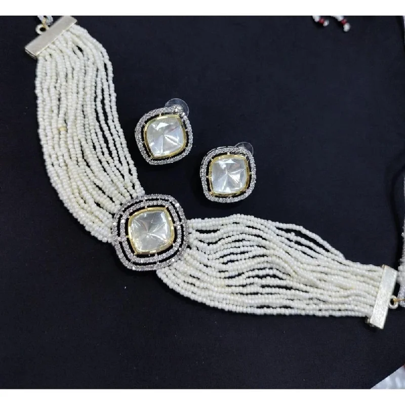 Fine Silver Necklaces-Akruti Collection Crystal Stone And Pearl Choker Necklace Set