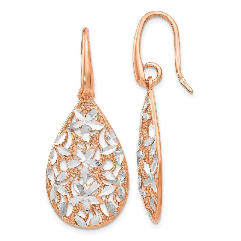 Crystal Stud Earrings-Floral Filigree Teardrop Dangle Rose Gold Tone Plated Silver Earrings