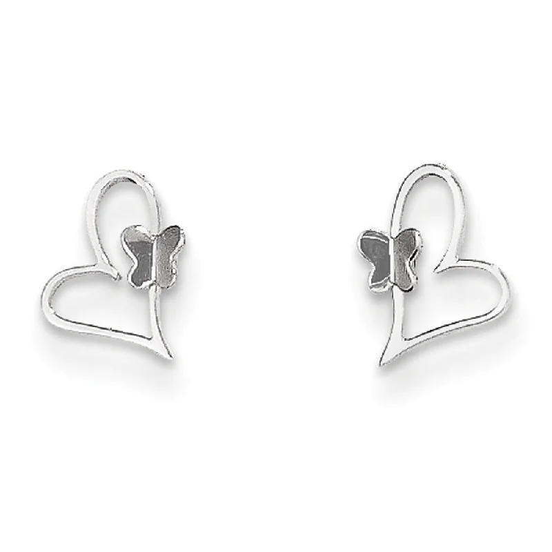 Long Silver Earrings-Kids Small Heart and Butterfly Post Earrings in 14k White Gold