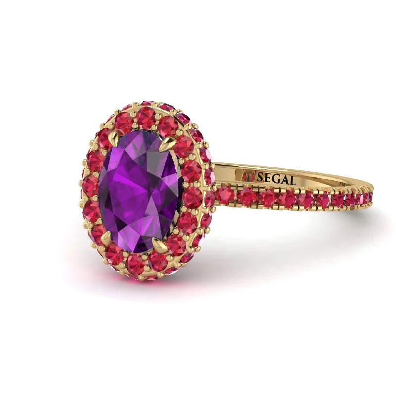 Gold Diamond Rings-Oval Amethyst Halo Hidden Rubies Ring - Amy No. 310