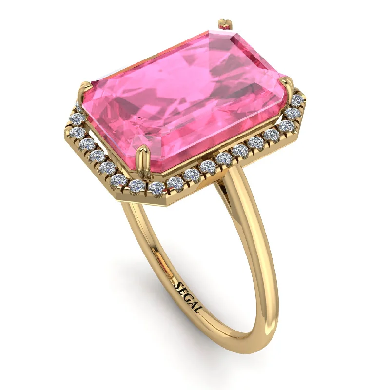 Designer Wedding Bands-Halo Emerald Cut Pink Moissanite Engagement Ring - Izabella No. 801