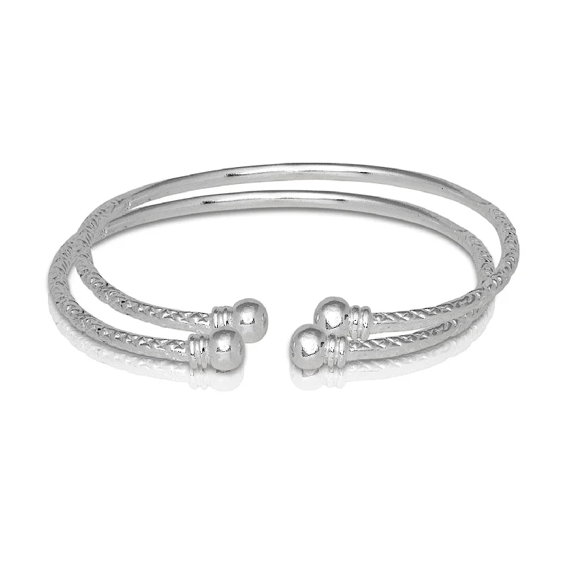 Elegant Wedding Bangle Bracelets-Better Jewelry Ball w. Double Halo Ends .925 Sterling Silver West Indian Bangles, 1 pair