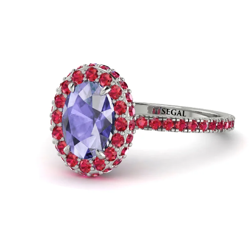 Gold and Silver Rings-Oval Tanzanite Halo Hidden Rubies Ring - Amy No. 212