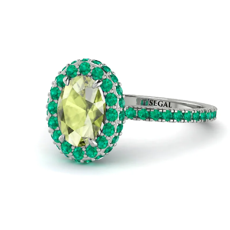 Bridal Diamond Rings-Oval Peridot Halo Hidden Emeralds Ring - Amy No. 706