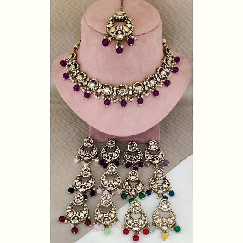 Colorful Necklace Pendants-Rani Sati Jewels Gold Plated Crystal Stone Choker Necklace Set