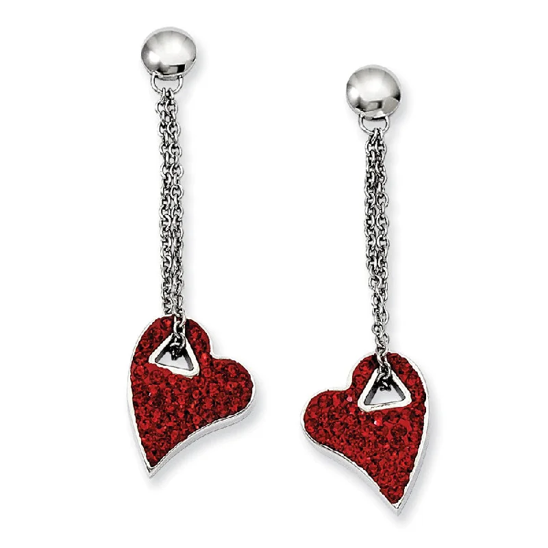 Elegant Silver Earrings-Red Crystal Heart Post Dangle Earrings in Stainless Steel