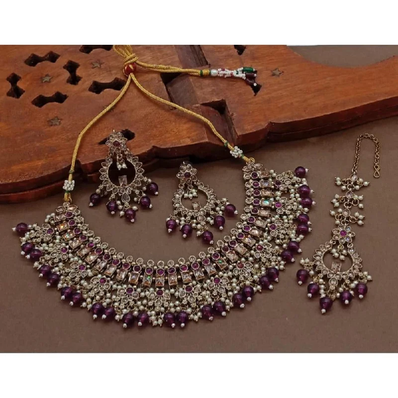 Simple Gold Necklaces-Akruti Collection Gold Plated Crystal Stone And Beads Necklace Set