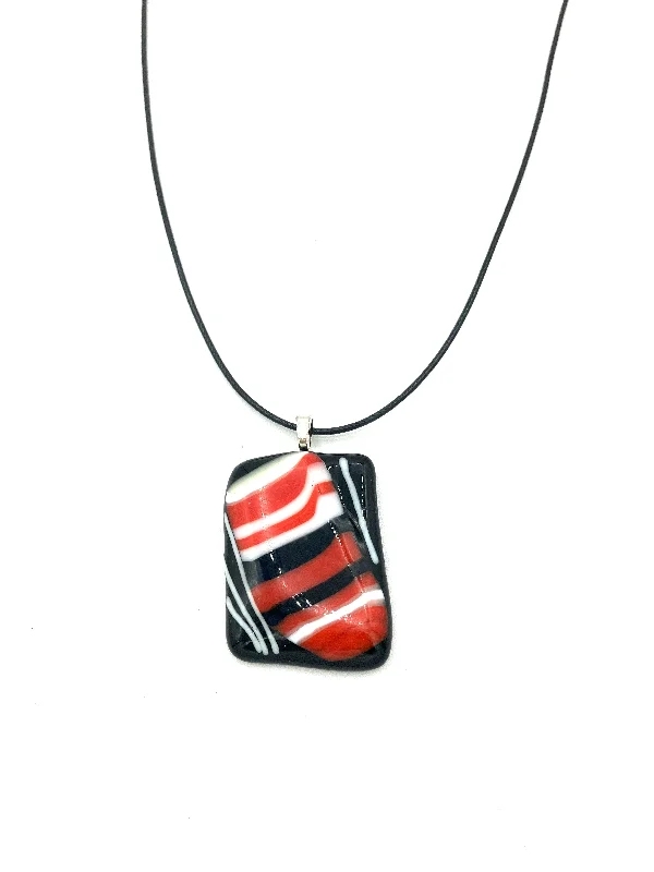 Luxurious Silver Necklaces-Necklace with Fused Glass Pendant, Small Pendant, Black with Red Stripes