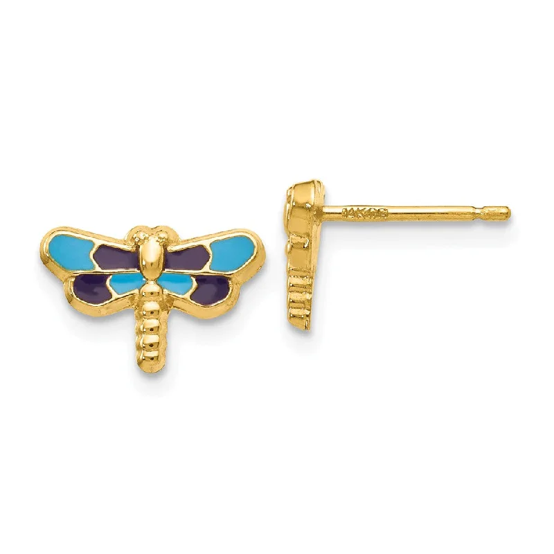 Classic Stud Earrings-Kids 10mm Blue Dragonfly Post Earrings in 14k Yellow Gold and Enamel