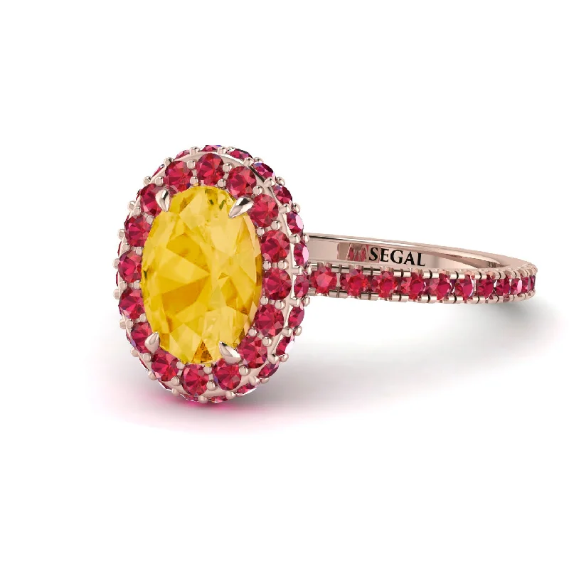 Custom Wedding Bands-Oval Citrine Halo Hidden Rubies Ring - Amy No. 611