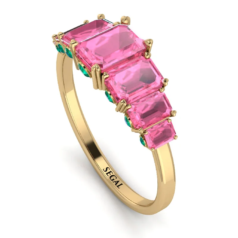 Gold Wedding Bands for Women-Emerald Cut Pink Moissanite Ring With Hidden Emeralds - Brynlee No. 804