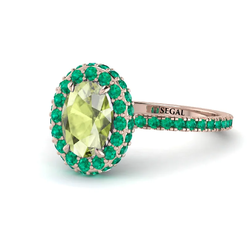 Dainty Gold Rings-Oval Peridot Halo Hidden Emeralds Ring - Amy No. 705