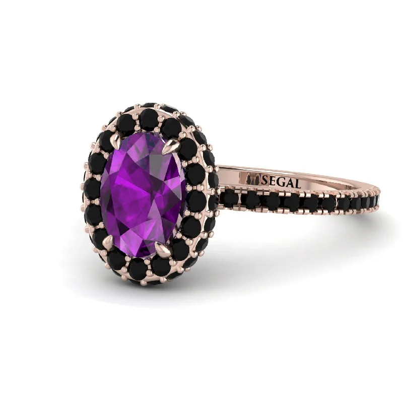 High-End Diamond Rings-Oval Amethyst Halo Hidden Black Diamonds Ring - Amy No. 308