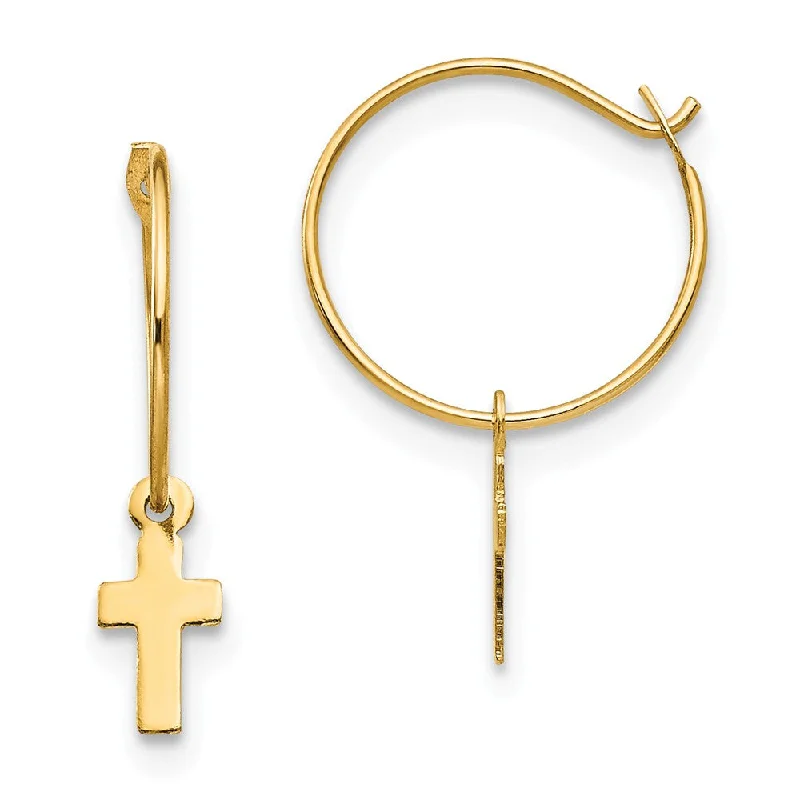 Silver Diamond Earrings-Children's 14k Yellow Gold 10mm Endless Hoop Dangling Cross Earrings