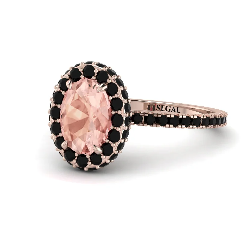 Classic Solitaire Rings-Oval Morganite Halo Hidden Black Diamonds Ring - Amy No. 908