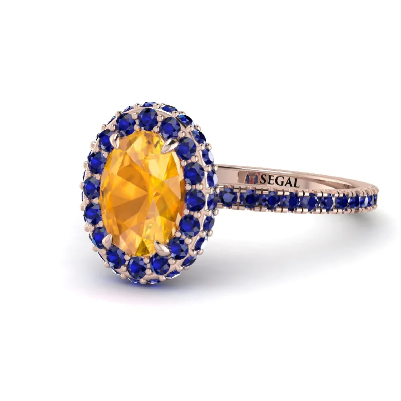 Designer Wedding Ring Sets-Oval Yellow Diamond Halo Hidden Sapphires Ring - Amy No. 1014