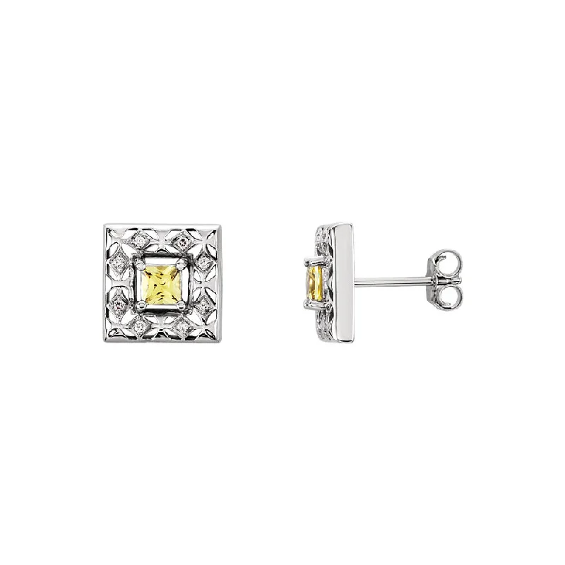 Elegant Gemstone Earrings-Canary Yellow Sapphire & Diamond 14k White Gold Square Post Earrings