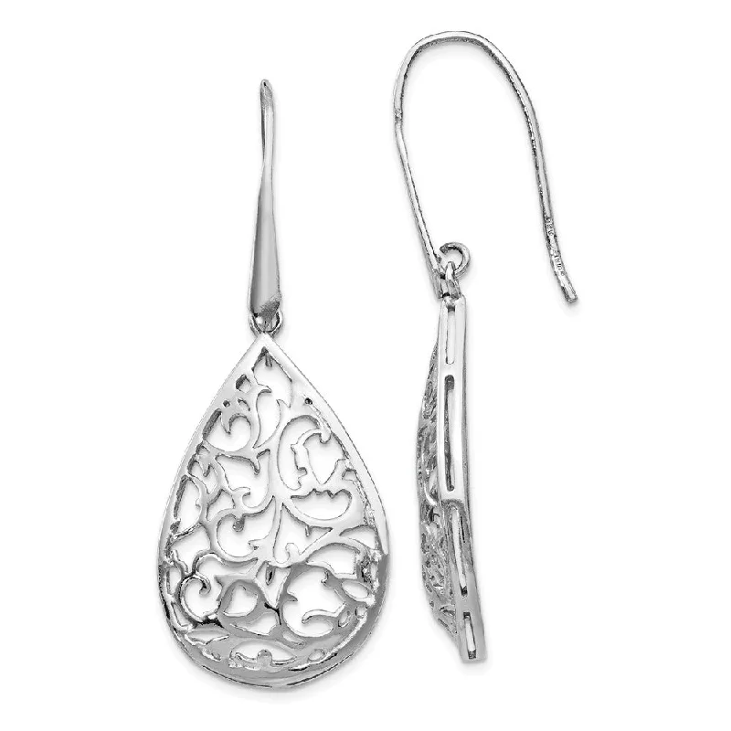 Glittery Silver Earrings-Cutout Teardrop Dangle Earrings in Sterling Silver