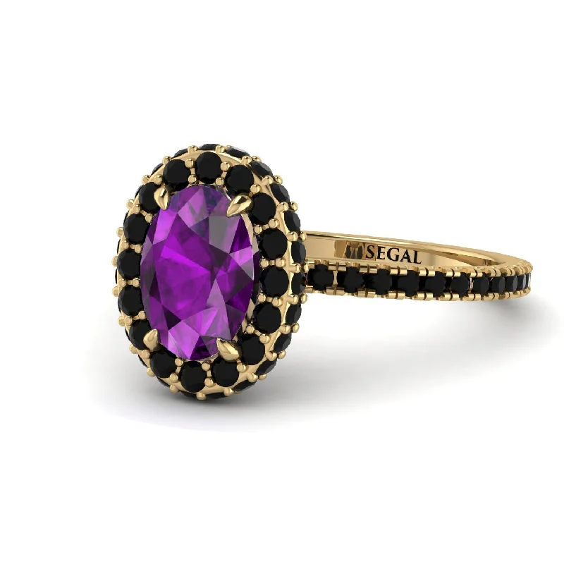 Designer Gold Rings-Oval Amethyst Halo Hidden Black Diamonds Ring - Amy No. 307