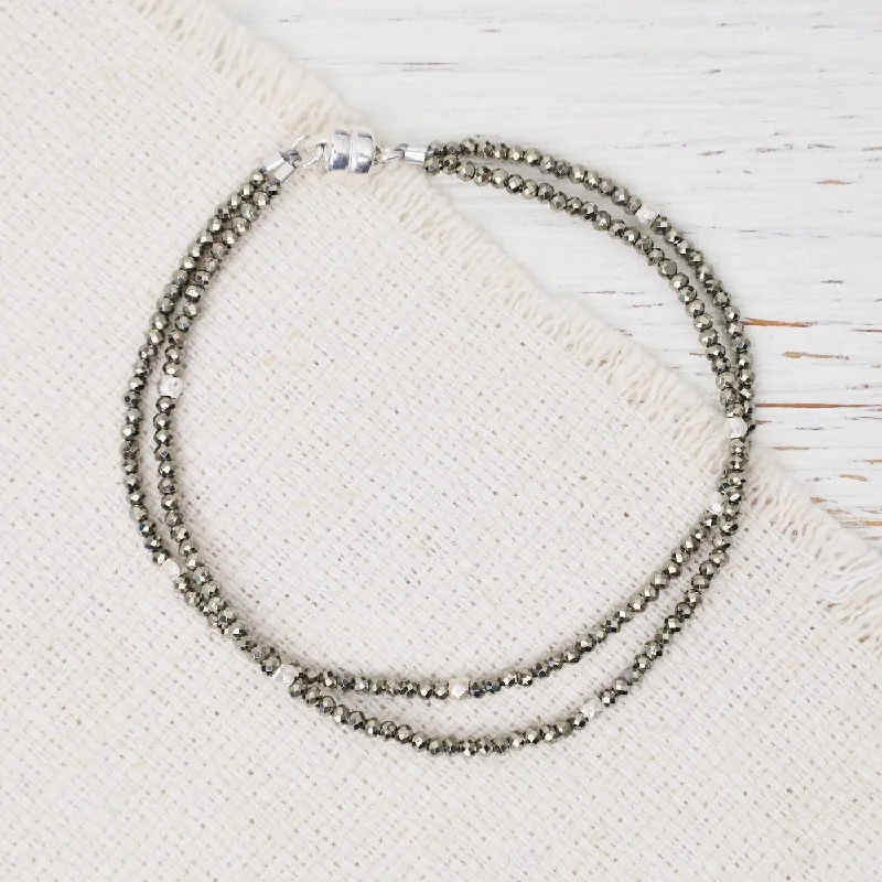 Stunning Diamond Charm Bracelets-Double Strand Pyrite Sterling Silver Magnetic Bracelet