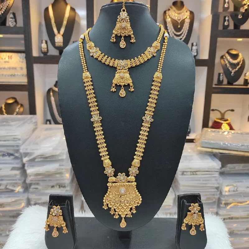 Beautiful Gold Choker Necklaces-Heera Jewellers Gold Plated Crystal Stone Double Necklace Set