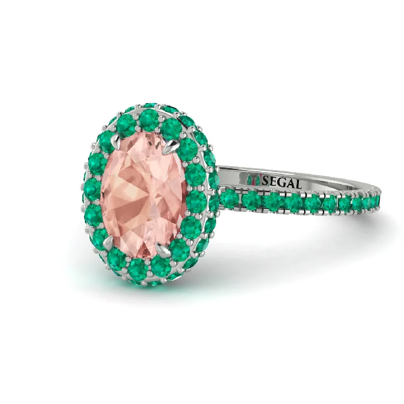 Designer Wedding Rings-Oval Morganite Halo Hidden Emeralds Ring - Amy No. 906