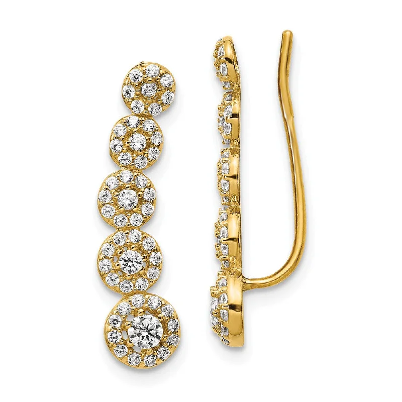 Clear Crystal Earrings-5.6 x 22mm (7/8 Inch) 14k Yellow Gold CZ Circles Ear Climber Earrings