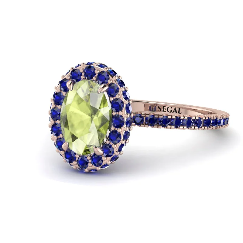 Colored Gemstone Rings-Oval Peridot Halo Hidden Sapphires Ring - Amy No. 714