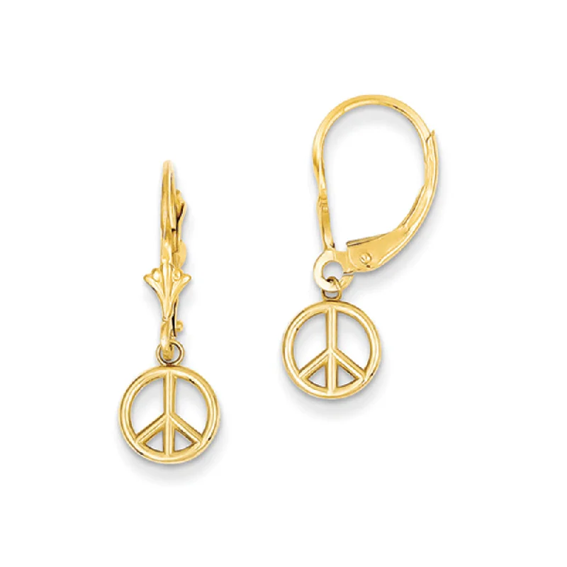 Sparkly Gold Earrings-8mm 3D Peace Sign Lever Back Earrings in 14k Yellow Gold