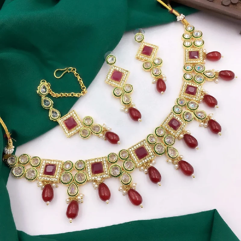 Bridal Gemstone Necklaces-5G Jewellery Gold Plated Crystal Stone And Beads Necklace Set